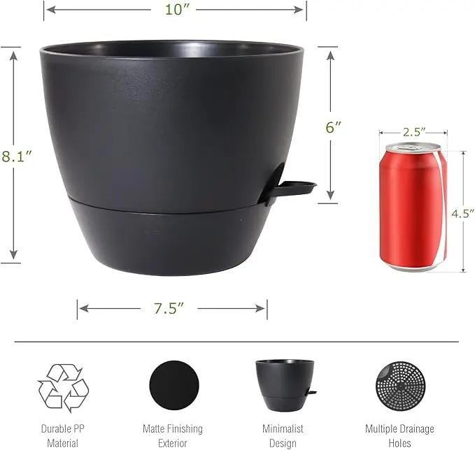 WOUSIWER 10 inch Self Watering Planters, 2 Pack Large Plastic Plant Pots with Deep Reservior and High Drainage Holes for Indoor Outdoor Plants and Flowers, Black by GreenHaven Gardens