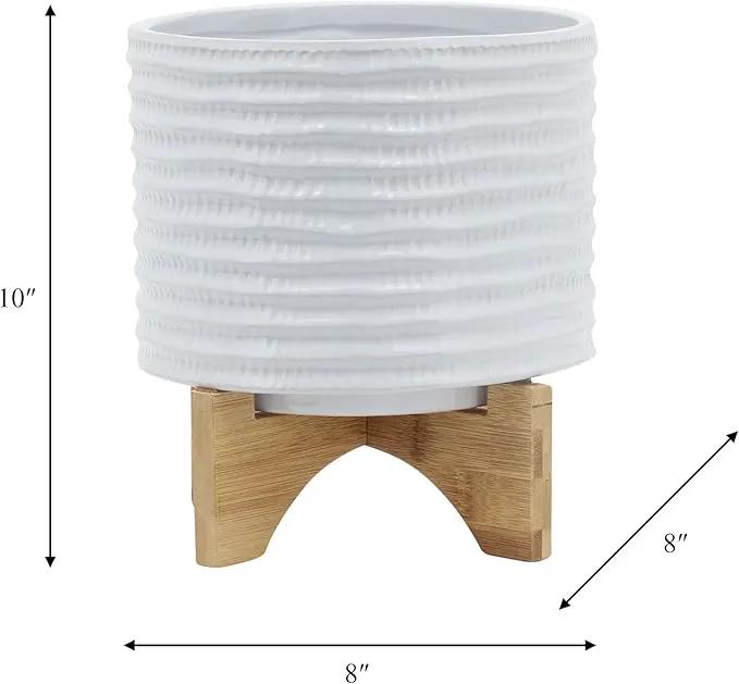 8" Ceramic Planter Stand, White with Wooden Base, Indoor/Outdoor Planter with Stand for Your Succulents and Small Plants, White Planter by GreenHaven Gardens