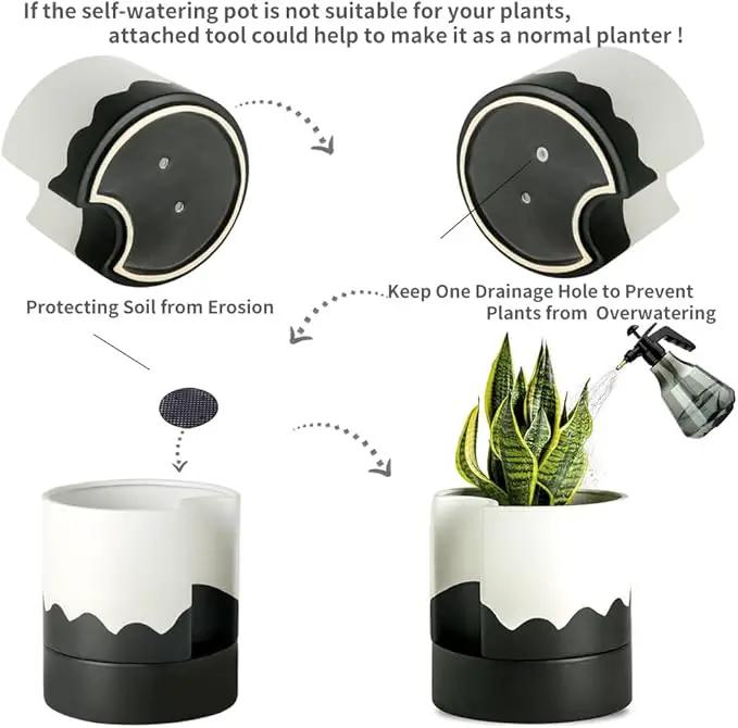 Nihow Self Watering Plant Pot: 8 Inch Ceramic Planter with Drainage Hole & Water Storage Plus for Indoor & Outdoor Plants - Cylinder Round Flower Pot for Succulent/Herbs/Violets - White & Wave Black by GreenHaven Gardens