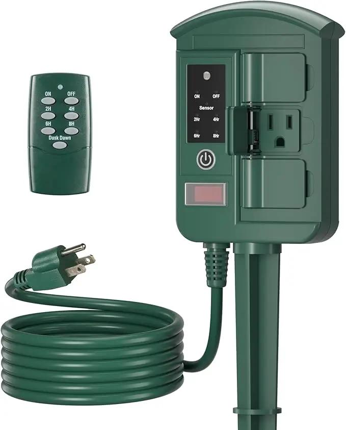 BN-LINK Outdoor Power Stake Timer Waterproof, Power Strip with 6 Grounded Outlets and 6FT Extension Cord, 100FT Wireless Remote Control, Dusk to Dawn Sensor Timer for Lights and Courtyard Decoration by GreenHaven Gardens