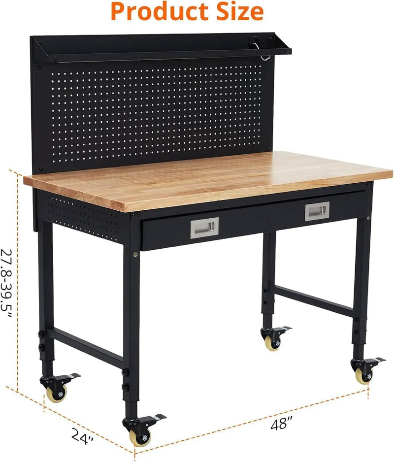 48x24 Inch Garage Workbench with Wheels, Adjustable Rubber Wood Top Garage Workbench with Power Outlet, 2000 Lbs Load Capacity for Workshop, Woodworking, Office by GreenHaven Gardens