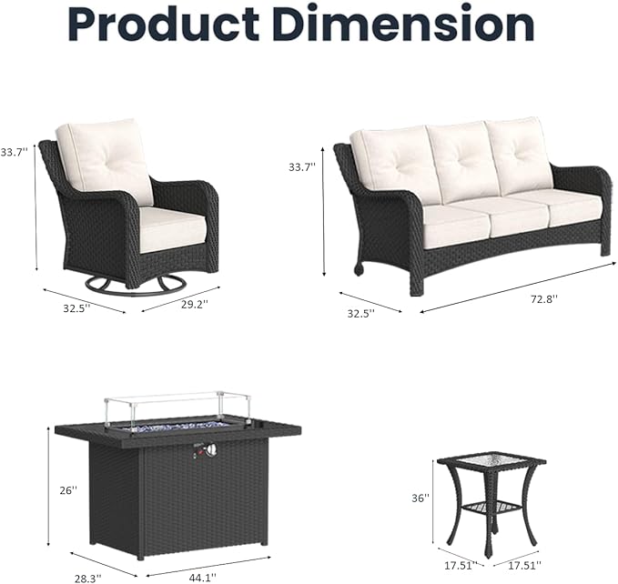 5 Pieces Outdoor Patio Furniture Sets with Rocking Swivel Chairs with 6-inch Thick Cushion and Fire Pit Table for Deck Lawn by GreenHaven Gardens