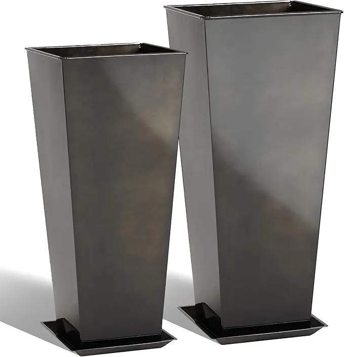 KOL 25'' & 28'' Tall Glazed Planter with Saucer, Set of 2, Galvanized Steel Planter Metal Pots for Indoor & Outdoor Use, Decorative Flower Plant Pots with Drainage Hole for Porch, Patio, Deck - Black by GreenHaven Gardens