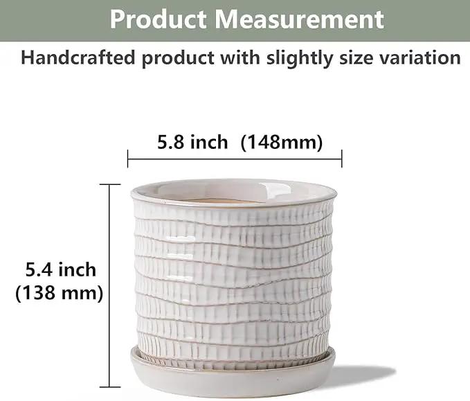 5.8 Inch Plant Pot: Ceramic Planter with Drainage Hole & Saucer - Cream White Flowerpot for Indoor & Outdoor Plants - with Separate Tray for Home & Office - Wave Embossed Design by GreenHaven Gardens