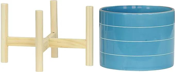 8" Ceramic Planter on Wooden Bamboo Stand - Contemporary Blue While Striped Design For Indoor or Outdoor Plants, Succulents, Cactus by GreenHaven Gardens