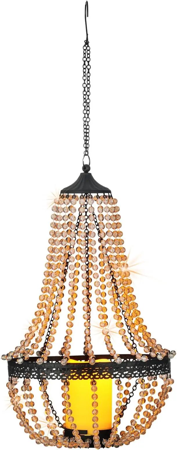 Hanging Candle Chandelier Outdoor, Battery Operated Clear Acrylic Beaded Chandelier with Flickering Led Candle Light S Hooks Modern Lantern for Garden Yard Patio Gazebo Room Indoor Decorations, 27”H by GreenHaven Gardens