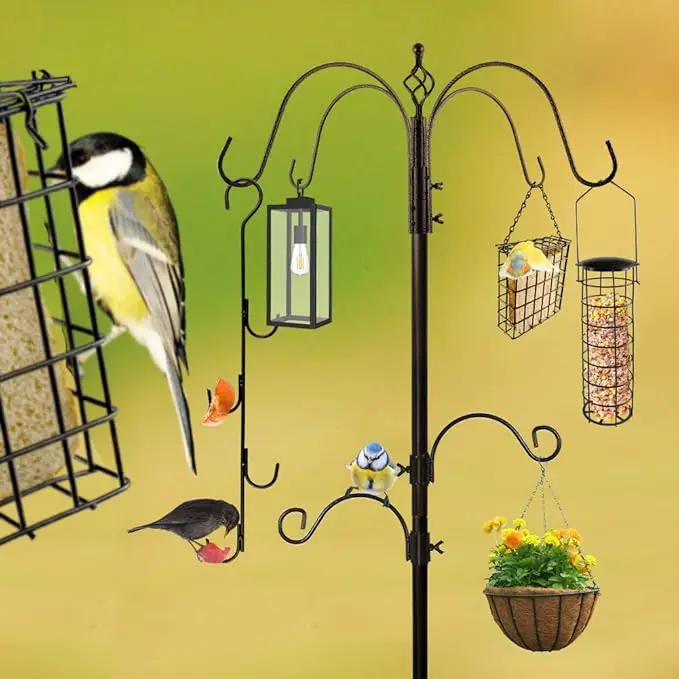 Bird Feeder Station with Suet Cage & Water Bowl Fruit Hook- Adjustable Pole, 6 Hanging Hooks for Wild Birds, Outdoor Garden Bird Feeding Kit by GreenHaven Gardens