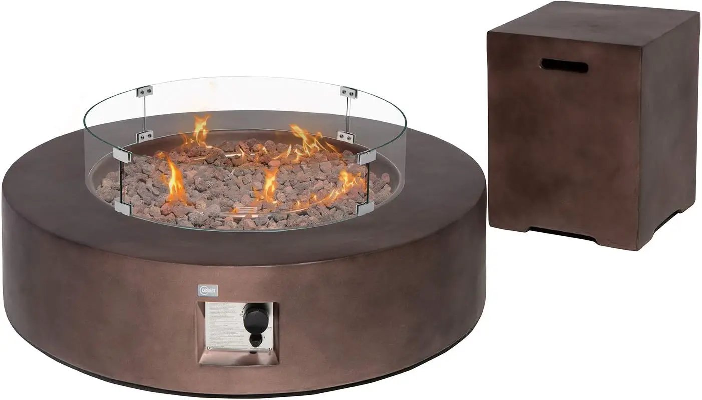 COSIEST 2-Piece Outdoor Propane Firepit Table Set w Tank Table, 42 inch Dark Fire Table CSA Certified, 50,000 BTU w Bronze Round Base,Wind Guard and 16 inches Tank Side Table 20lb for Garden,Pool by GreenHaven Gardens