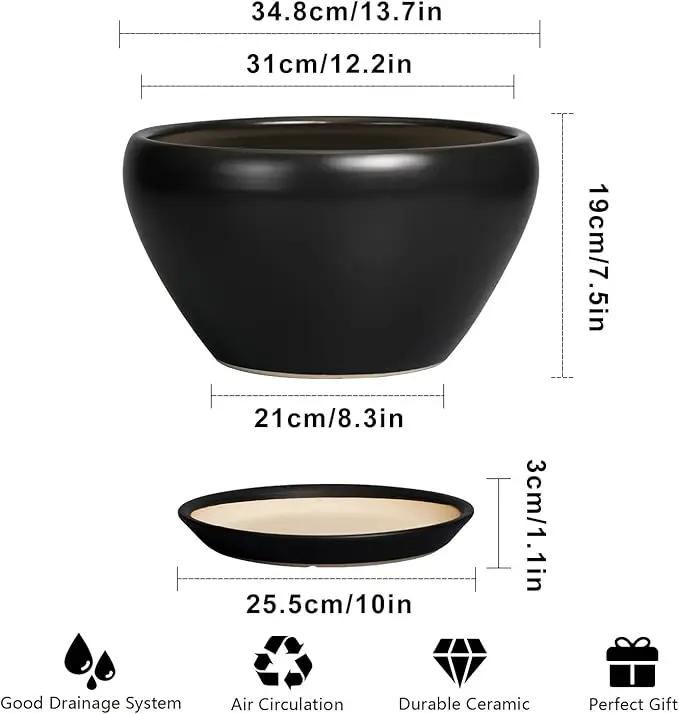 Ceramic Pot for Plants Large - 13 Inch Plant Pot Indoor with Drainage Hole and Saucer Round Planter Decorative Planter Outdoor Flower Pot for House Decor Balcony Black by GreenHaven Gardens
