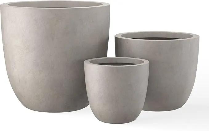 Kante 18",14",10" Dia Concrete Round Planters (Set of 3), Outdoor Indoor Large Planter Pots with Drainage Hole and Rubber Plug for Home Patio Garden, Weathered Concrete by GreenHaven Gardens