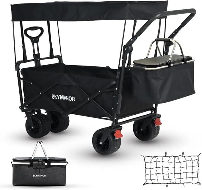 SKYMANOR Collapsible Wagon with Removable Canopy, 3-in-1 Heavy Duty Garden Cart with Big All-Terrain Wheels, Brakes, Adjustable Push Pull Handle, Cooler Bag, 300LBS Wagon Cart for Camping (Black) by GreenHaven Gardens