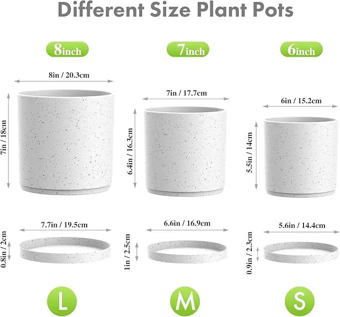 8/7/6 inch Flower Pots, 3 Set Cylindrical Plant Pots for Outdoor Indoor Plants, Decorative Plastic Planters with Drainage Holes and Saucers for Garden House Plants, White with Black Speckles by GreenHaven Gardens