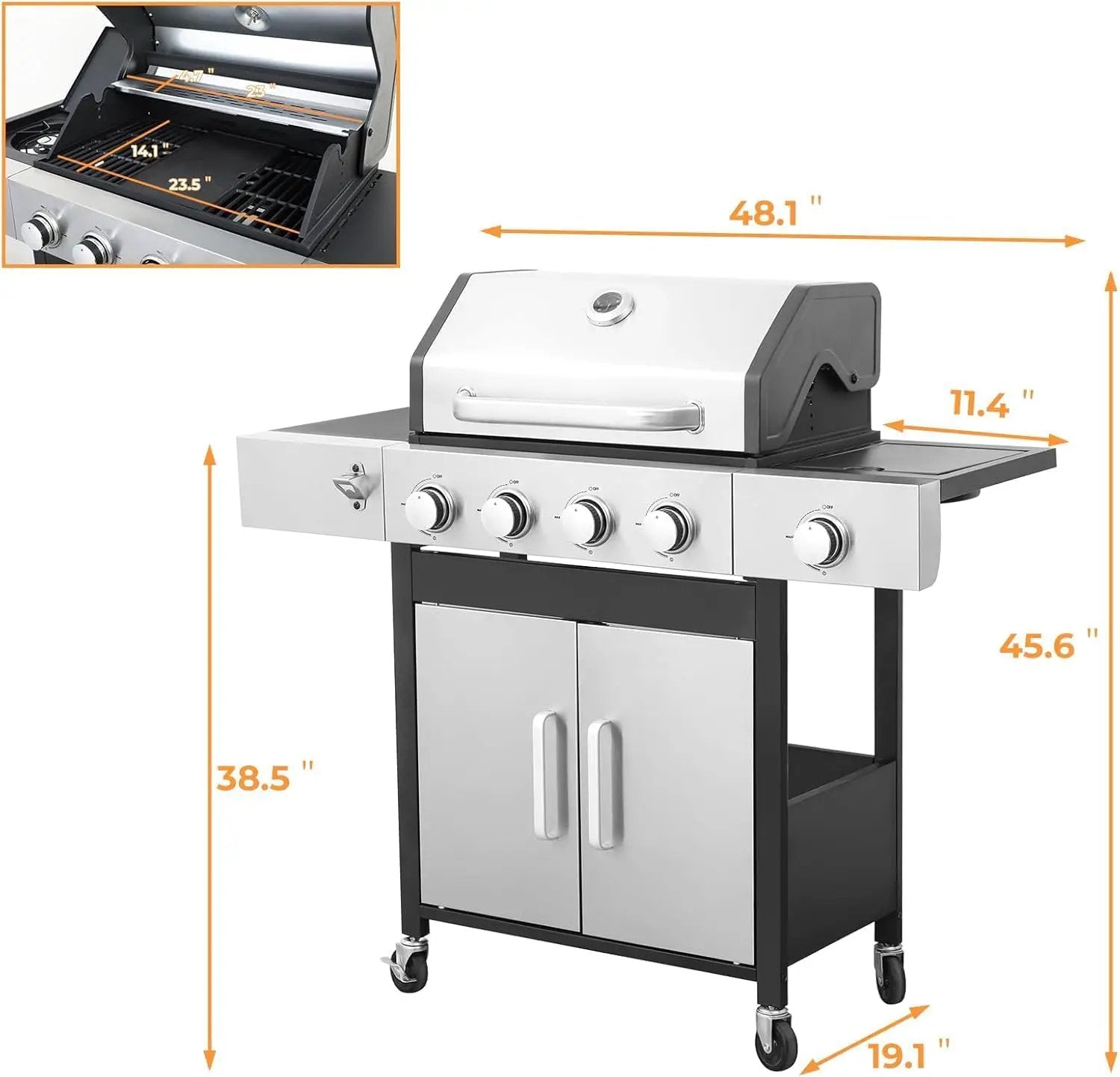 4 Burner Gas Grill with Side Burner, Dual-sided Frying Pan, Built-in Thermometer, Wheels, Side Table, Stainless Steel Burner, 47,000 BTU Outdoor Grill for Patio, Garden, Balcony by GreenHaven Gardens