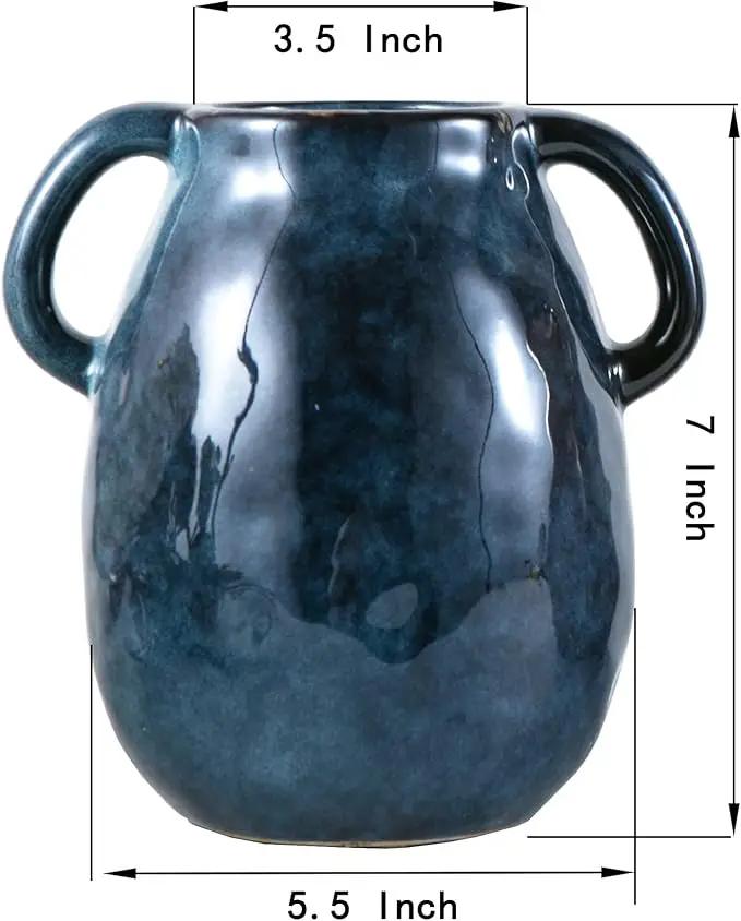 Blue Ceramic Vase with 2 Handles, Modern Farmhouse Decor, Rustic Terracotta Pottery, Decorative Flower Vases, Clay Small Vase, Centerpiece for Dining Table - 7 Inch Tall by GreenHaven Gardens