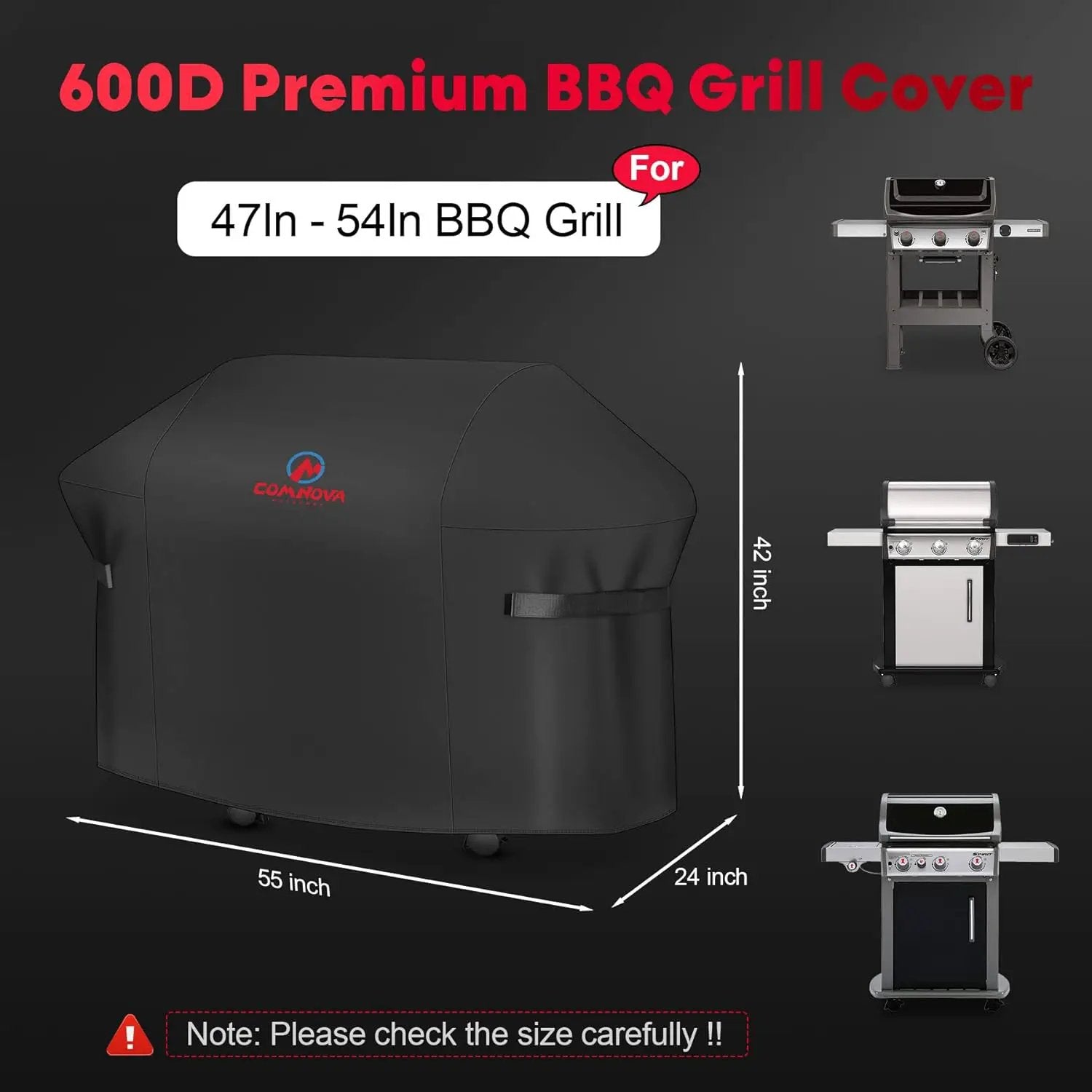 Comnova Grill Cover 55 Inch - 600D BBQ/Barbecue Gas Cover for Outdoor Grill Heavy Duty and Waterproof, Weber, Char-Broil, Nexgrill, Monument, Dyna-glo, Brinkmann and More by GreenHaven Gardens