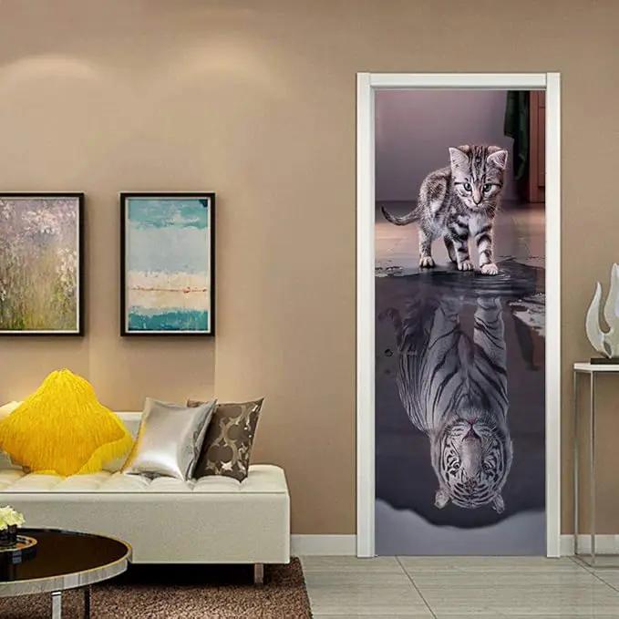 3D Door Wallpaper Self-Adhesive Door Sticker - Cat Become Tiger - Door Film Poster Premium PVC Waterproof Wall Sticker for Bedroom Living Room Door Decoration Wallpaper 86 x 200 cm by GreenHaven Gardens