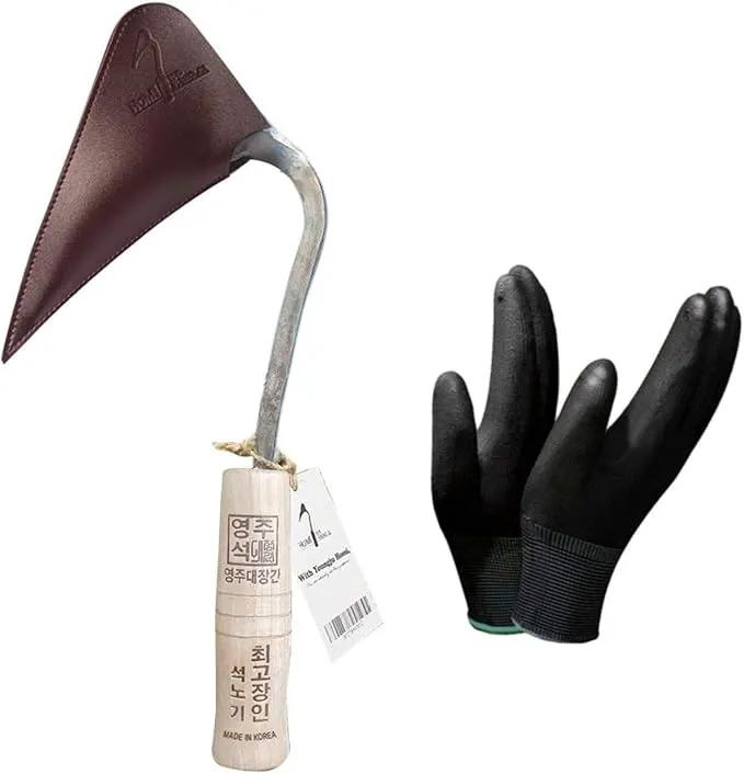 HandPlowHoe Gardentool with Safety Cover for Easy Gardening, Weeding and Farming Made by Korean Master Blacksmith (M GLOVE) by GreenHaven Gardens