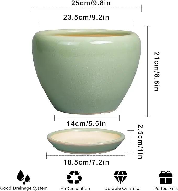 Ceramic Planter Pot - 10 Inch Plant Pot for Indoor Plants Decorative Planter with Drainage Hole and Saucer Large Pot for Plants Outdoor Round Flower Pot for Garden Green by GreenHaven Gardens