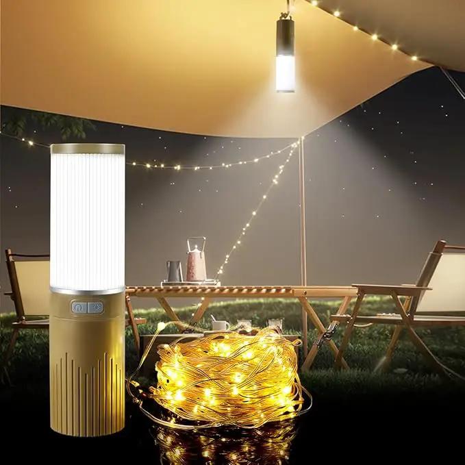 Camping Lantern with 49.2FT String, 2 in 1 Outdoor Warm White String Lights with 4 Modes & 5 Modes Rechargeable Camping Lamp IPX4 Waterproof Portable LED Tent Light for Outdoor Yard Garden Decoration by GreenHaven Gardens