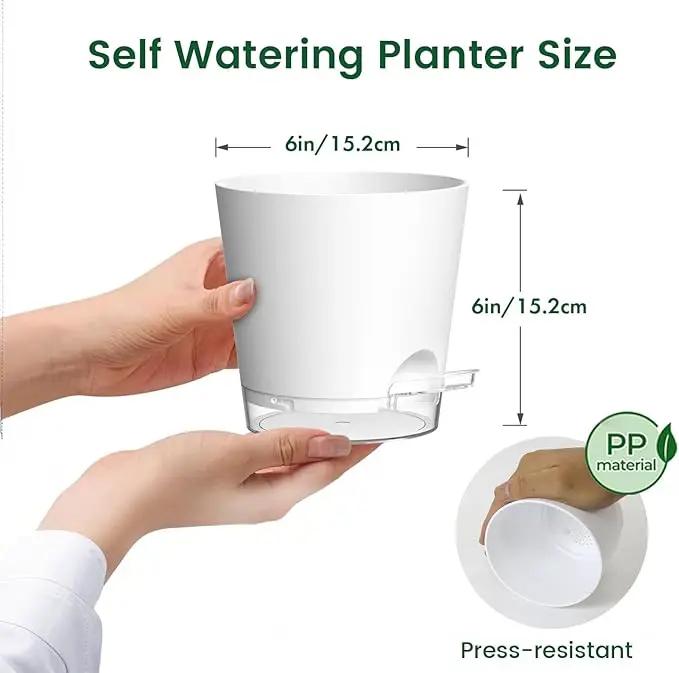 6 inch Self Watering Pots for Indoor Outdoor Plants, 6 Pack Flower Plant Pots with Drainage Holes and Clear Reservoirs, Visible Water Level, Plastic Planters with Wicking Rope, White by GreenHaven Gardens