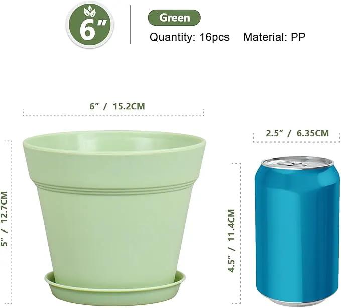 6 inch Plastic Nursery Pots, Seedling Pots, 16 Pack Plant Pots for Small Indoor Outdoor Plants, Flower Pots with Drainage Holes and Saucers, Decorative Planters for House Plants, Green by GreenHaven Gardens