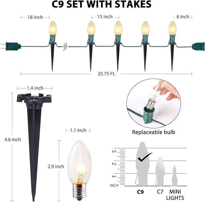 Christmas Pathway String Lights Outdoor - 25.7 Ft. C9 20 Clear Lights with 20 Stakes Connectable Waterproof for Indoor Xmas Party Holiday Commercial Decoration, Warm White by GreenHaven Gardens