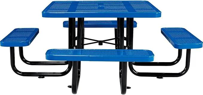 Global Industrial 46" Square Picnic Table, Perforated Metal, Blue Thermoplastic Coating, Attached Benches, 1-1/2” Umbrella Pole Hole, Outdoor-Rated, 1200 lb Capacity by GreenHaven Gardens