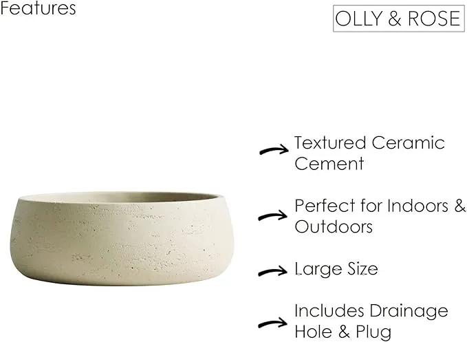 Olly & Rose Large Ceramic Planter Bowl Shallow Plant Pot - Off White Cream Ivory Flower Pot Indoor and Outdoor Decorative Bowl Garden and Home Décor by GreenHaven Gardens