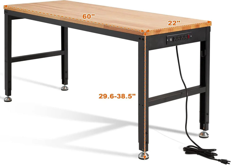 Haddockway Adjustable Workbench for Garage, 60" x 22" Rubber Wood Top Worktable with Power Outlets, Max 2000 Lbs Load Capacity Heavy Duty Workstation for Workshop Office Home (Black Frame, 60in) by GreenHaven Gardens