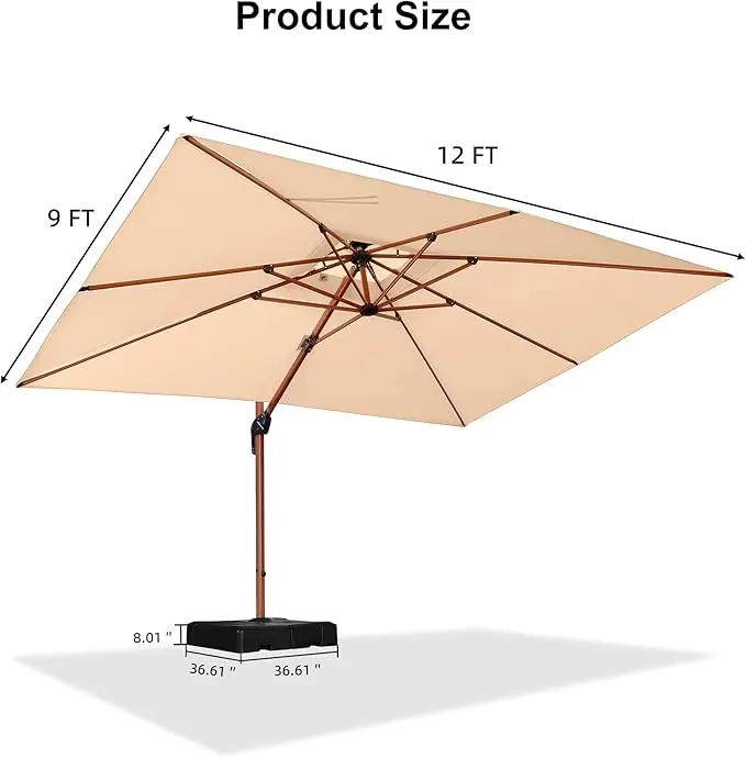 PURPLE LEAF 9' X 12' Double Top Deluxe Wood Pattern Rectangle Patio Umbrella with Base Offset Hanging Umbrella Outdoor Market Umbrella Garden Umbrella, Beige by GreenHaven Gardens