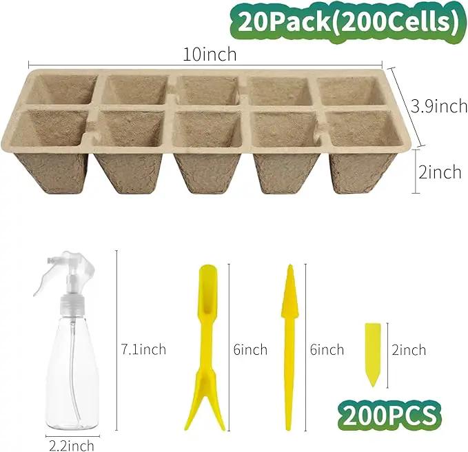 200Cells Seedling Start Trays with Drain Holes,20pcs Peat Pots Seedling Pots Biodegradable,Seedling Starter Kit,Organic Germination Plant Starter Trays(200xLabels,2xTransplant Tools,1xSpray Bottle) by GreenHaven Gardens
