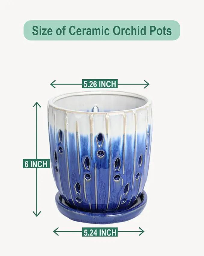 vensovo 6 Inch Ceramic Orchid Pot - Orchid Pot with Holes for Repotting, Ceramic Planter with Saucer for Indoor/Outdoor Plants, Blue by GreenHaven Gardens