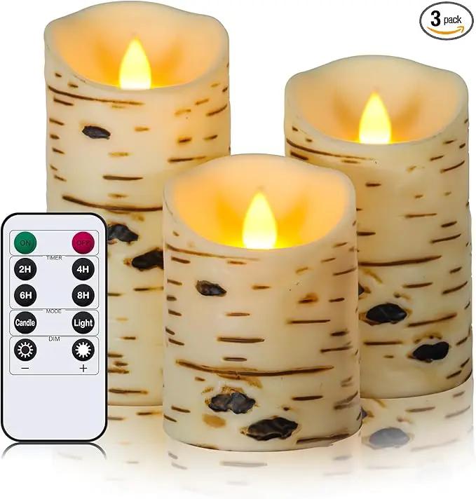 Metaku Flameless Candles Battery Operated Set of 3 Birch Bark LED Pillar Candles with Remote,3D Moving Wick Electric Decorative Candles for Christmas Party Wedding Home Bedroom,D 3"×H4 5" 6" by GreenHaven Gardens