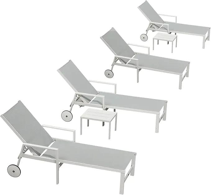 PURPLE LEAF Outdoor Lounge Chairs Set of 4 White Aluminum Chaise Lounge Chair Outdoor with Wheels and Armrest for Patio Deck Pool Side Table Include, Bluish-Gray by GreenHaven Gardens