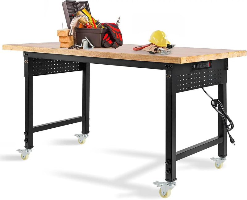 Height Adjustable Workbench with Wheels 60”×22” Heavy Duty Work Table 2000 LBS Capacity Rolling Work Table Rubber Wood Work Station with Power Outlet & Pegboard for Garage, Office, Workshop, Home by GreenHaven Gardens