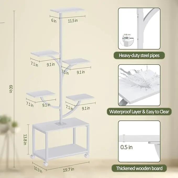 Plant Stand Indoor with Grow Lights, 60" Tall 7-Tier Metal Plant Stand with Wheels & Tree-Shaped Design for Indoor Plants, Flower Holder Display Rack for Home, Patio - White by GreenHaven Gardens