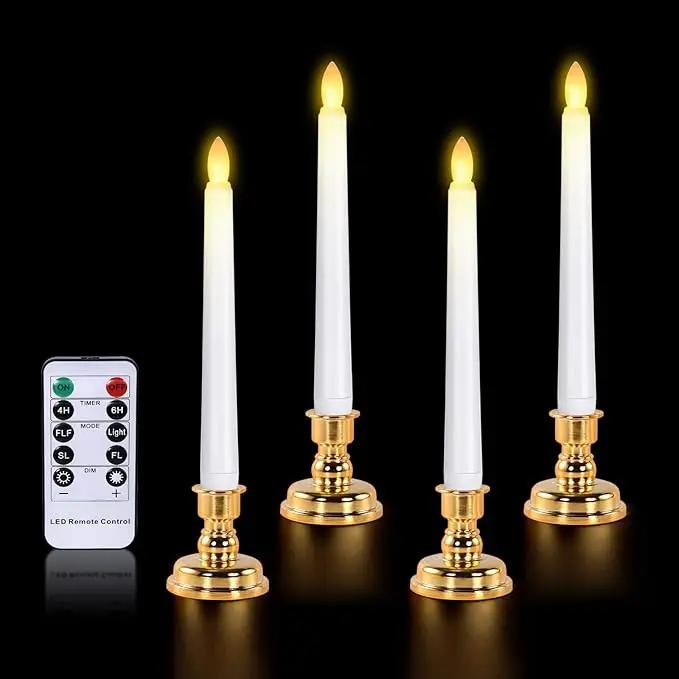 JOSU LED Window Candles, Christmas Flameless Window Candle Lights with Timer Battery Operated, 4 3D Wick Light Candle+4 Removable Gold Candleholders+Remote, for Decor &Festival Celebration by GreenHaven Gardens