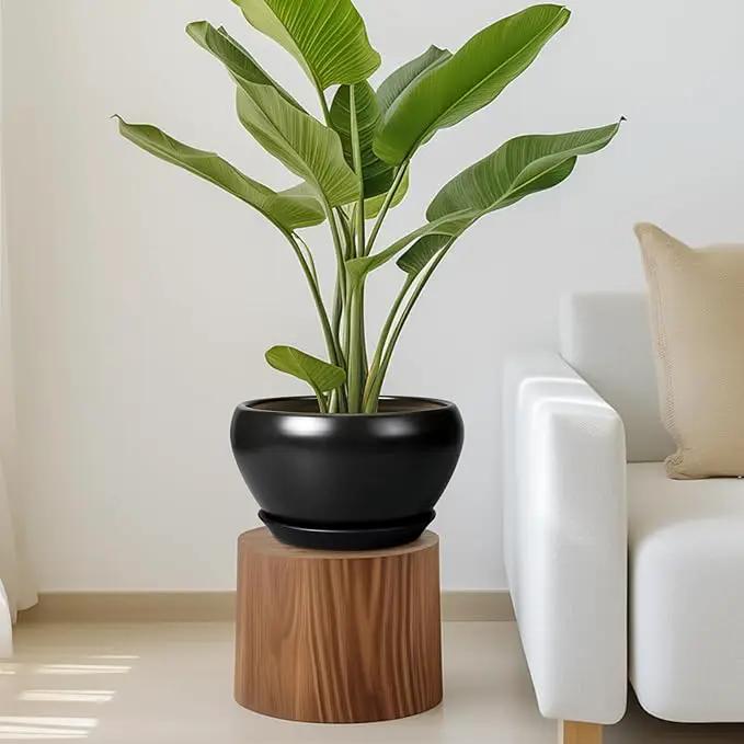 Ceramic Pot for Plants - 11 Inch Plant Pot Indoor with Drainage Hole and Saucer Large Planter Decorative Planter Modern Outdoor Flower Pot for House Balcony Black by GreenHaven Gardens
