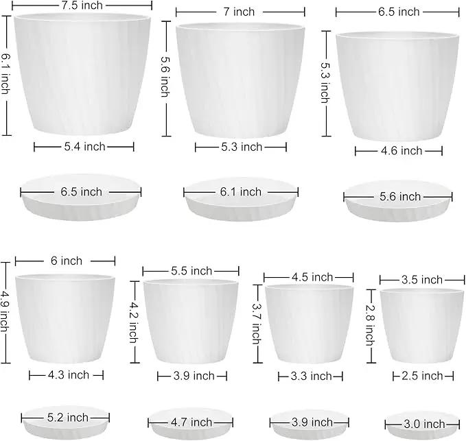 7 pcs Plant Pots with Drainage Holes and Saucers, Indoor Planters, Set of 7 (7.5, 7, 6.5, 6, 5.5, 4.5, 3.5 Inches), White by GreenHaven Gardens