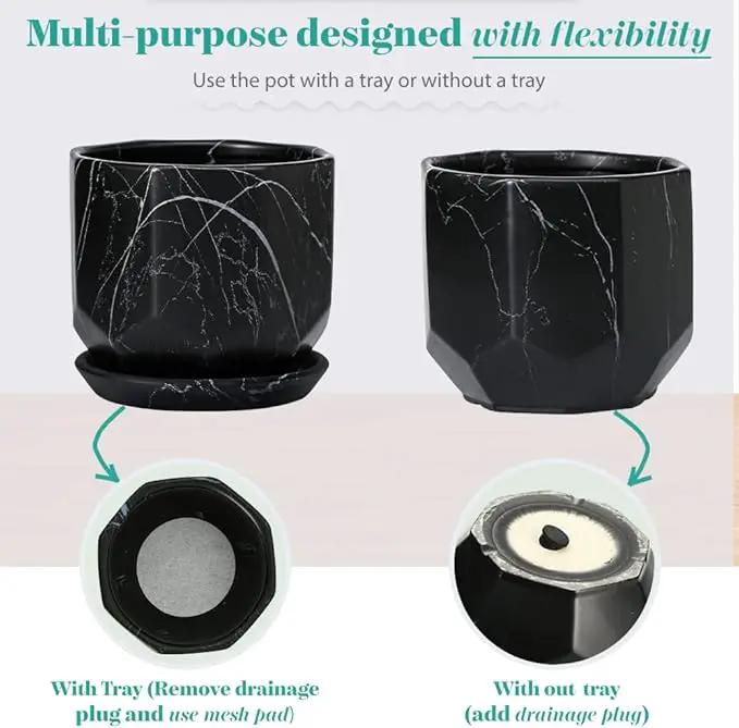 Large Marble Black Plant Pot with Drainage Holes and Saucers, Ceramic Pots for Indoor Outdoor Plants, 7 Inch Premium Hand Glazed Planters for Flower, Garden, Succulent, Nursery, Home Decor by GreenHaven Gardens