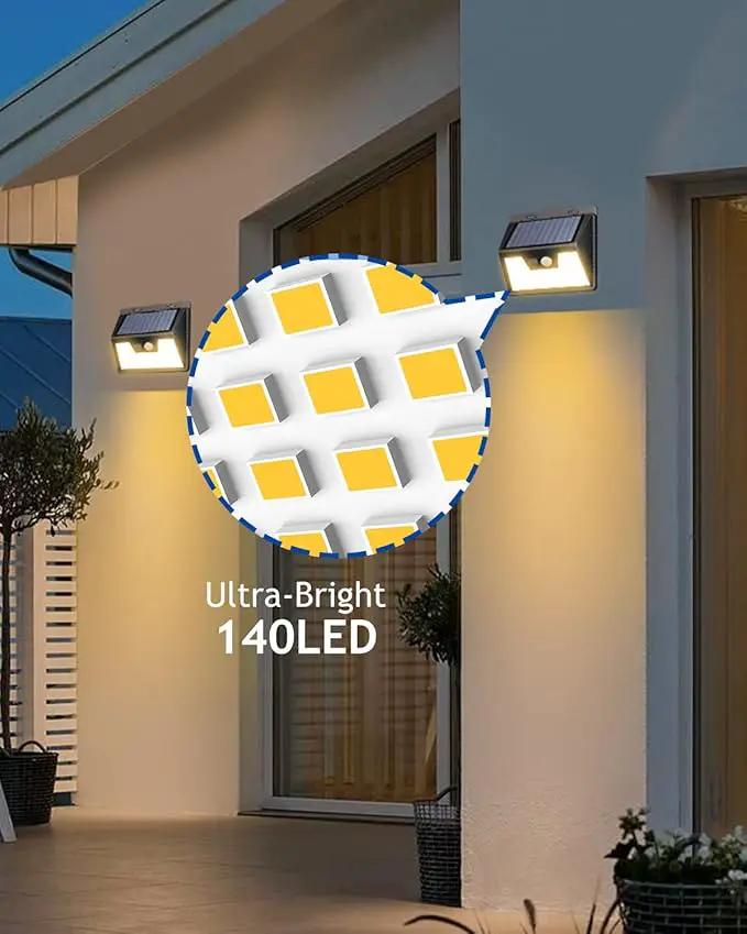 Peasur LED Solar Lights Outdoor Motion Sensor, 2 Packs Waterproof Solar Power Fence Security Lighting, 3 Mode Yard Deck Lamp for Wall Stairs Home Outside Warm White by GreenHaven Gardens