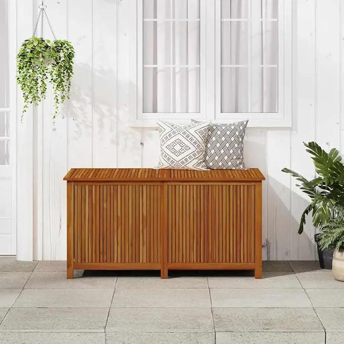 vidaXL Wooden Outdoor Storage Box with Gas-Lift Lid – Patio Deck Chest with Zippered Waterproof Bag for Garden Bench, Pool, Porch, Trunk, Cabinet, Teak Look – Brown, 59.1"x31.5"x29.5" by GreenHaven Gardens