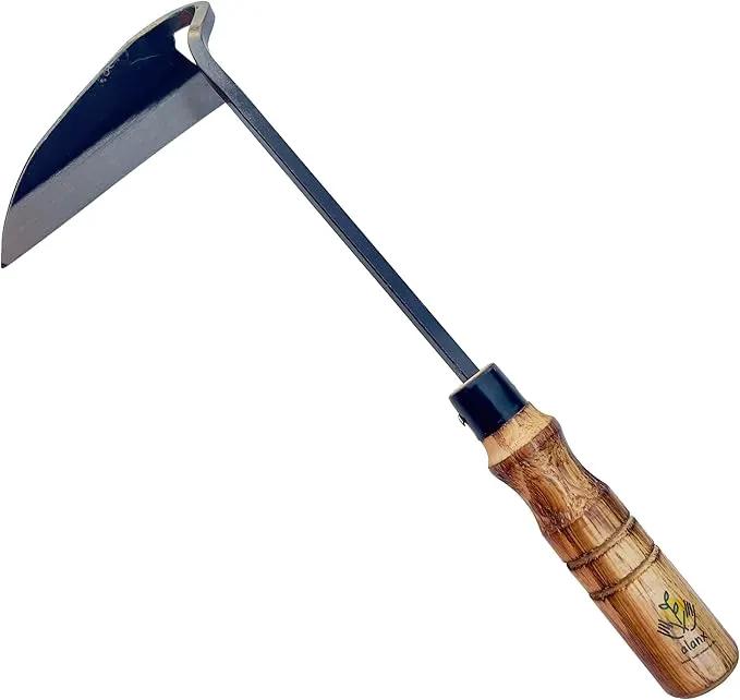 12 Inch Japanese Gardening Hand Weeding Sickle, Weeding Hoe with Long Wooden Handle by GreenHaven Gardens