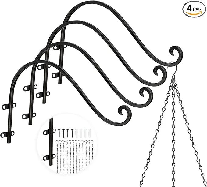 Plant Hangers Outdoor, 4 Pack 16 Inch Plant Hooks with 12 Chains for Wall Metal Plants Hanging Bracket for Bird Feeder, Flower Baskets, Wind Chimes, Lanterns, Indoor Outdoor, Black by GreenHaven Gardens
