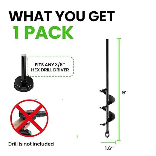 K-Brands Auger Drill Bit for Planting – 1.6 x 9 Inch - Spiral Hole Planter for Bulbs, Bedding Plants, and Umbrella Holes - 3/8 Inch Hex Drive by GreenHaven Gardens