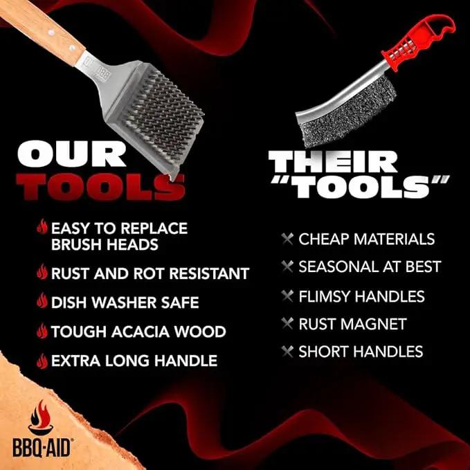 BBQ-Aid Grill Brush and Scraper for Barbecue – Grill Brush for Outdoor Grill with Extended, Large Wooden Handle and Replaceable Stainless Steel Bristles Head –No Scratch- BBQ Grill Brush for Any Grill by GreenHaven Gardens