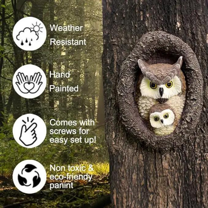 Owl Mom and Owlet Tree Hugger, Outdoor Garden Sculpture Tree Faces, Owl Bird Garden Resin Statue, Tree Peeker Ornament, Durable & Waterproof, Decorations Gardening Presents for Housewarming Birthday by GreenHaven Gardens