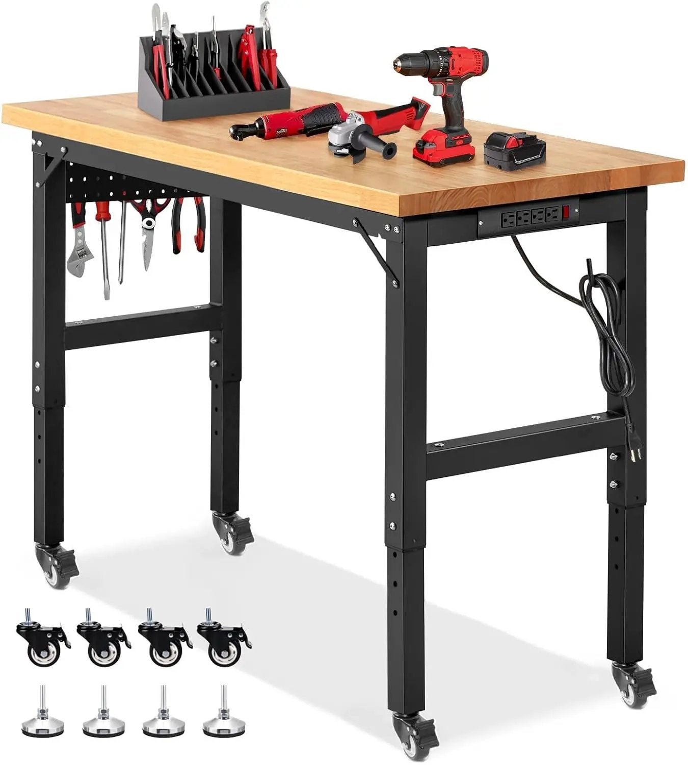 Work Bench with Wheels 48 x 20 Inch Heavy Duty Rubberwood Tabletop Garage Workbench Adjustable Height Work Table with Pegboard, Power Outlets for Woodworking Shop, Home, Office by GreenHaven Gardens