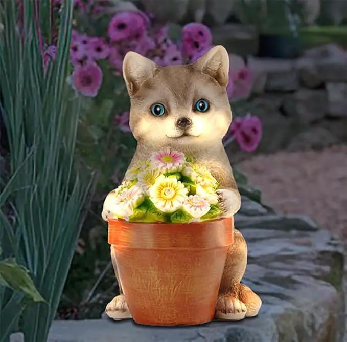 Muldale Cat Solar Light - Cat Garden Statue Outdoor - Solar Powered Cat Garden Decor for Outside - Hand Painted Floral Plant Pot Light Up Cat by GreenHaven Gardens