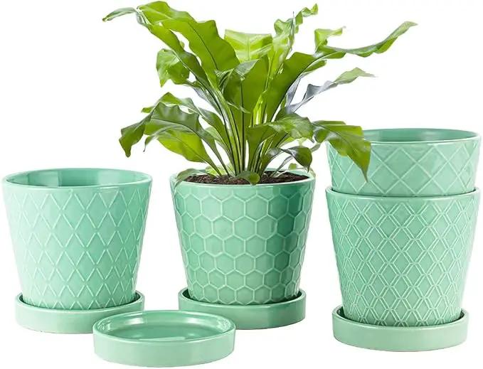 EFISPSS Flower Planter –5 inch Ceramic Plant Pots with Drainage Holes and Ceramic Tray - Gardening Home Desktop Office Windowsill Decoration Gift Set of 4 - Plants NOT Included by GreenHaven Gardens